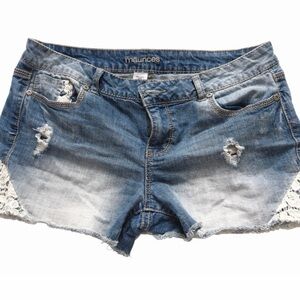 Maurices Distressed Blue Jean Shorts with Lace Accents